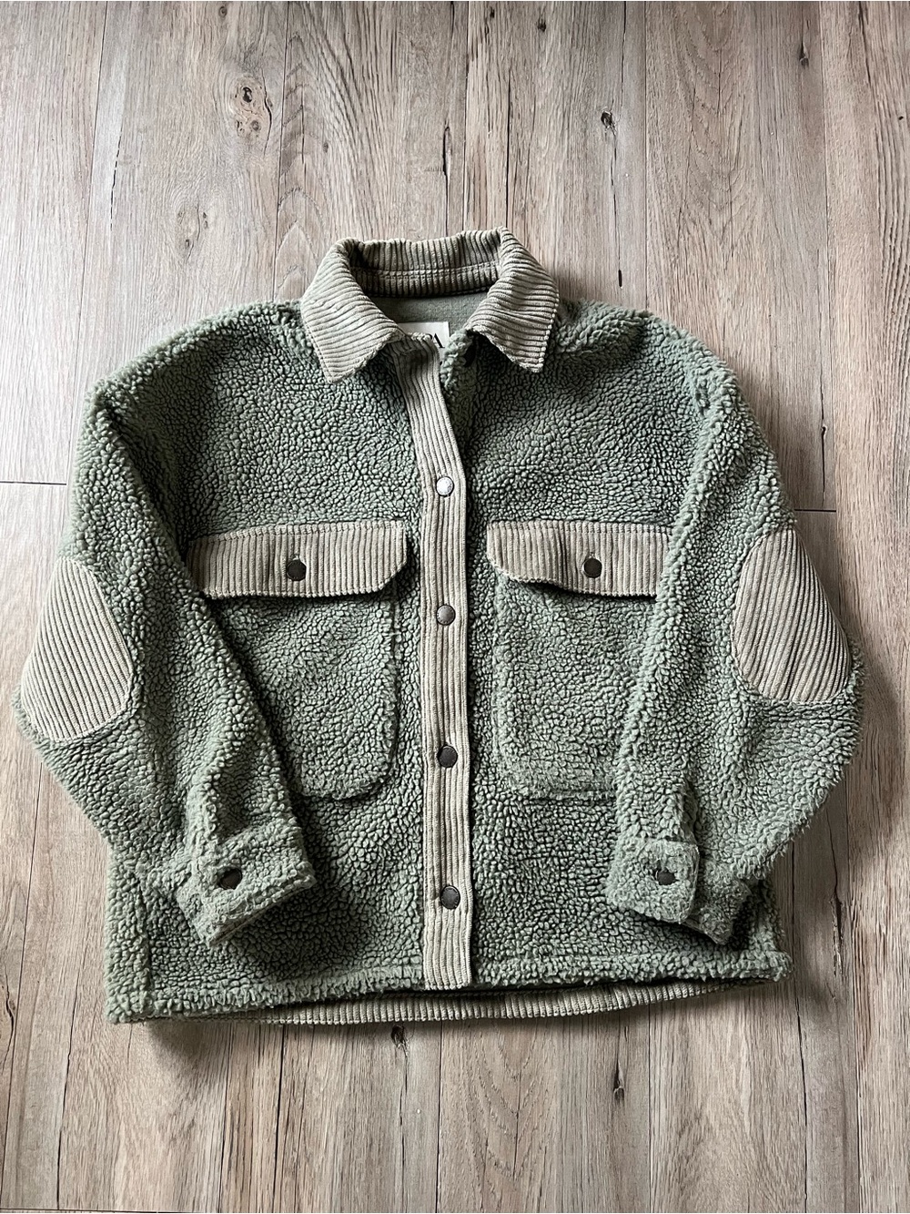 Zara Green Sherpa Bomber Jacket with Tan Corduroy Trim